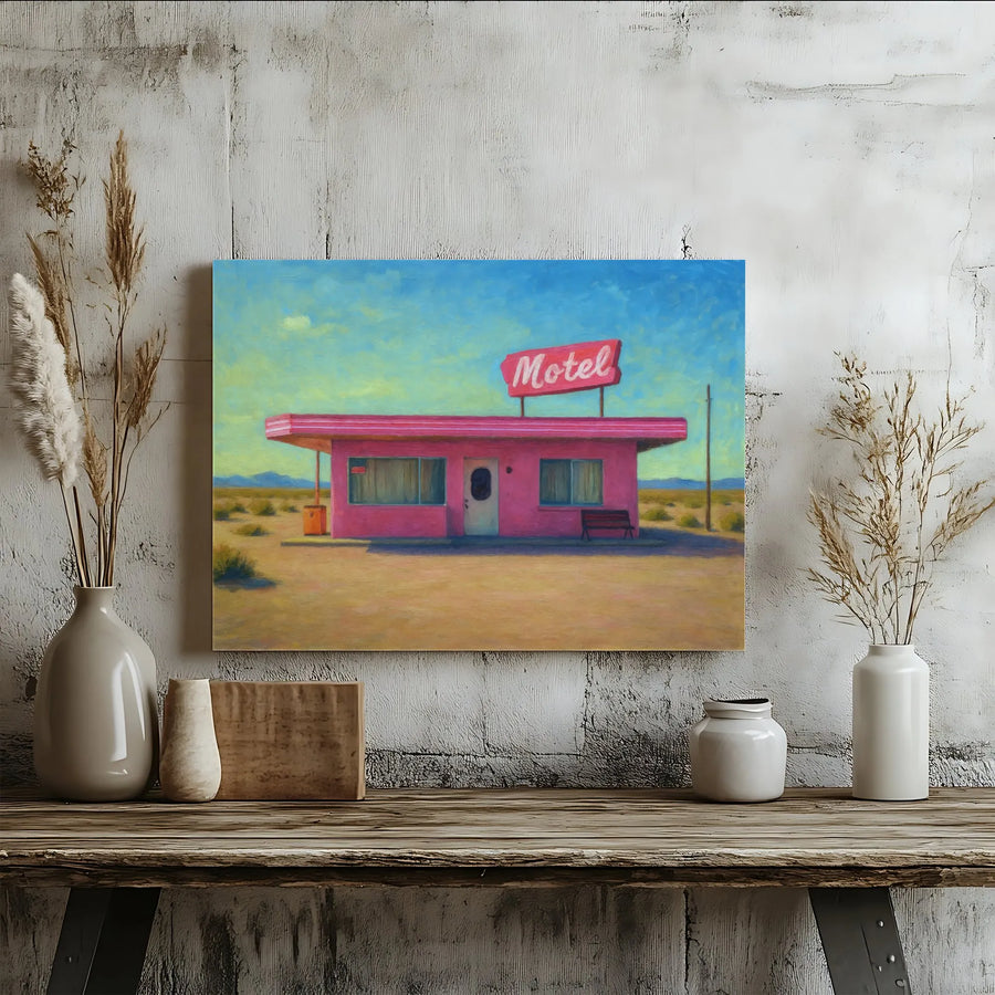 Retro Desert Motel Canvas Print | Painterly Road Trip Landscape | Gallery Wrapped Canvas Art | Premium Home & Office Decor Gift