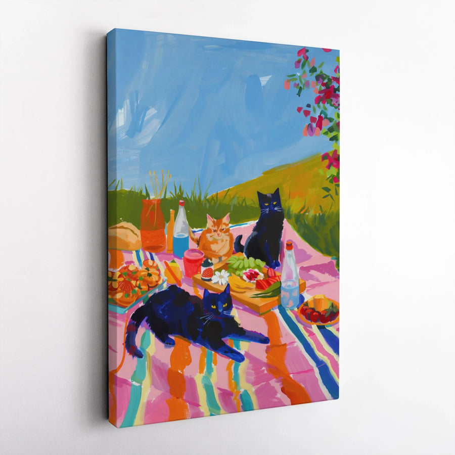 Cats Picnic Canvas Wall Art | Whimsical Summer Garden Painting | Premium Gallery Wrapped Decor | Gift for Cat Lovers & Pet Owners