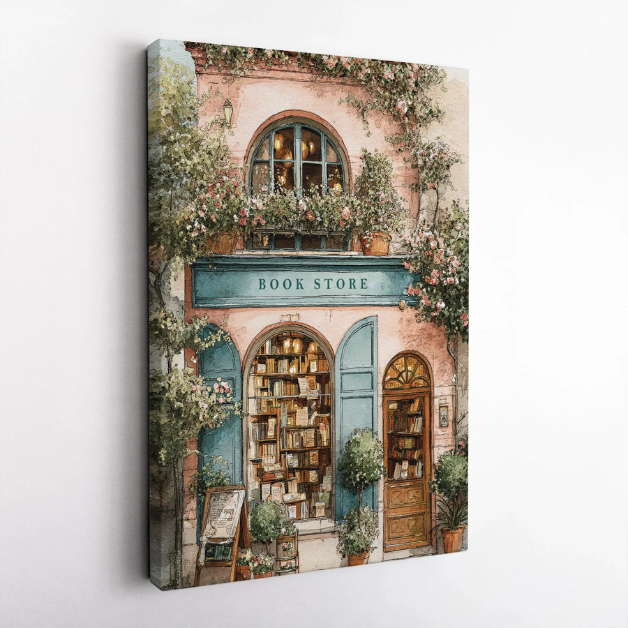 Bookstore Canvas Wall Art | Charming European Floral Shopfront Watercolor | Premium Gallery Wrap Print | Aesthetic Librarian Gift for Home Decor