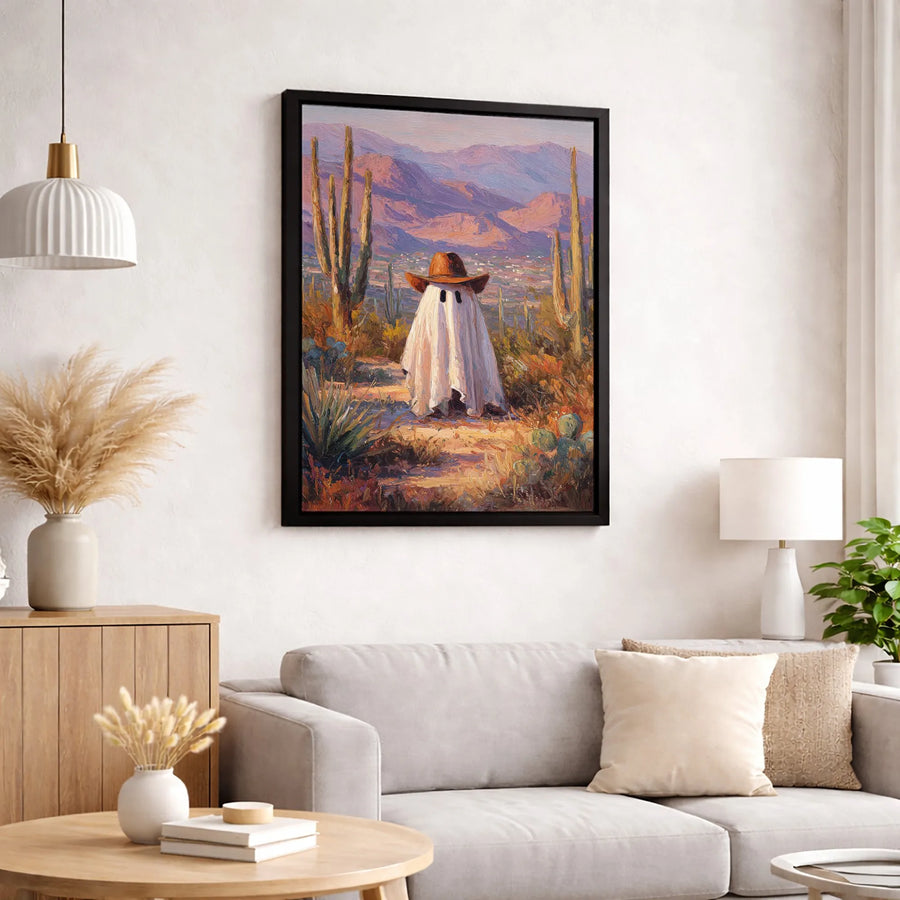 Cowboy Ghost Canvas Wall Art | Western Desert Saguaro Cactus Print | Premium Gallery Wrap Decor | Spooky Southwestern Home Gift