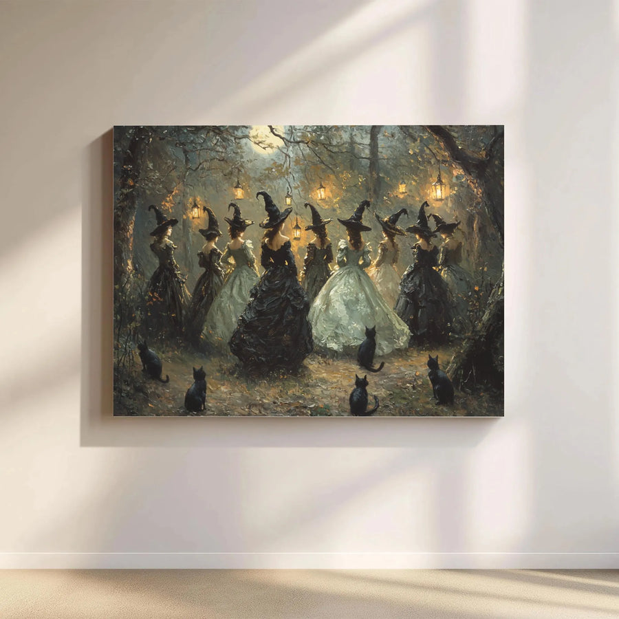 Witch Coven Wall Art | Moonlit Forest Black Cat Canvas | Premium Gothic Home Decor | Spooky Halloween Gift for Her