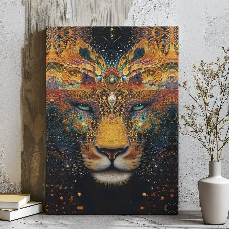 Psychedelic Lioness Canvas Wall Art | Cosmic Jeweled Headdress Print | Premium Gallery Wrapped Decor | Spiritual Animal Home Gift