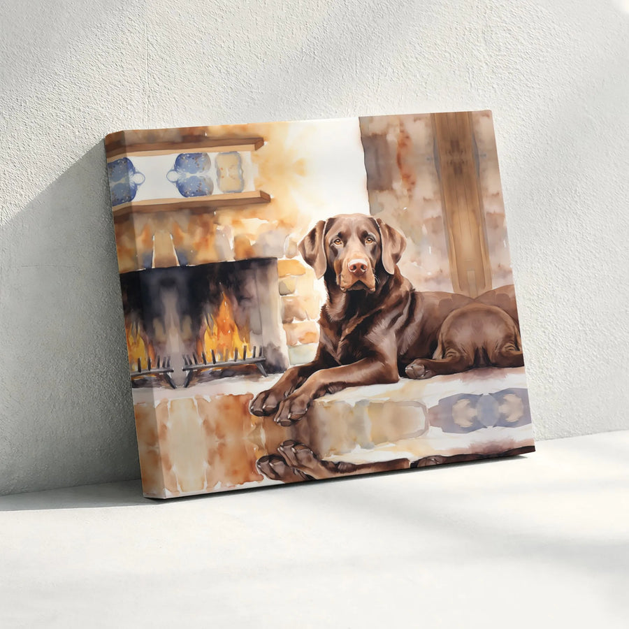 Chocolate Labrador Canvas Wall Art | Cozy Fireplace Watercolor Portrait | Premium Gallery Wrap | Gift for Dog Lover & Rustic Home Decor