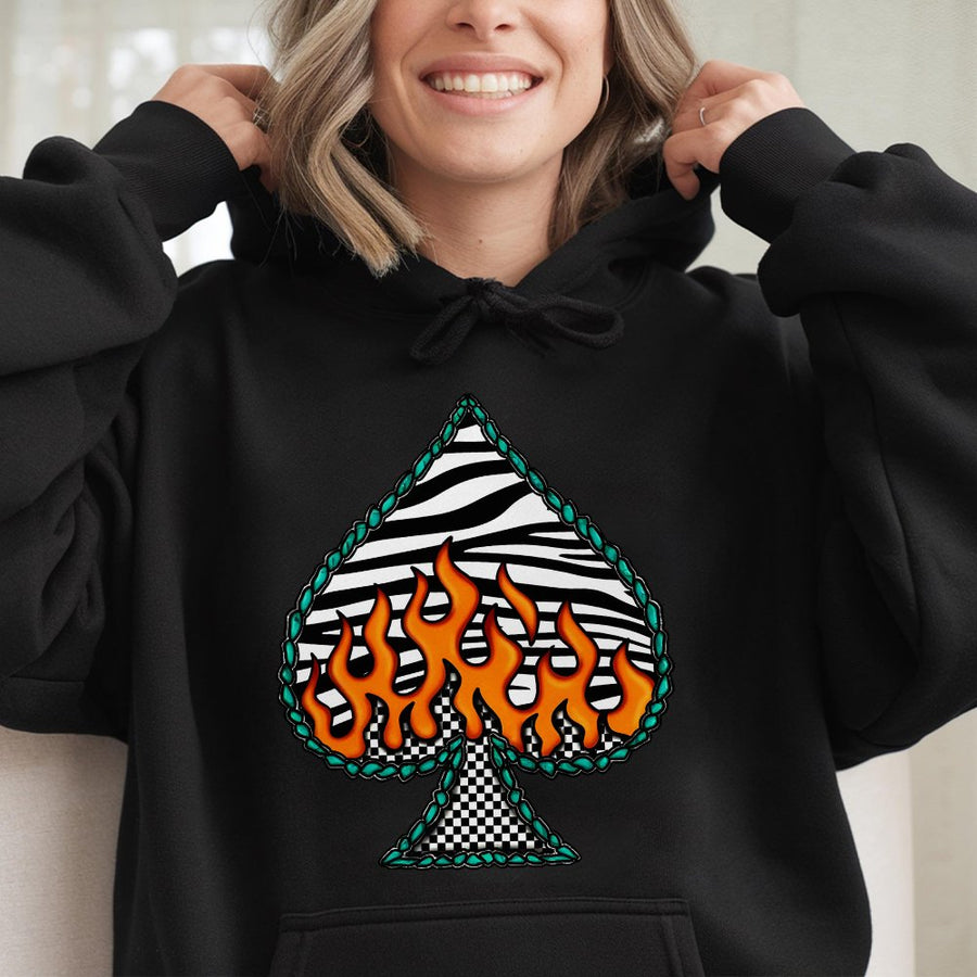 Flame Spade Graphic Hoodie | Western Zebra Print Design | Premium Cotton Blend | Unisex Streetwear & Cowgirl Gift
