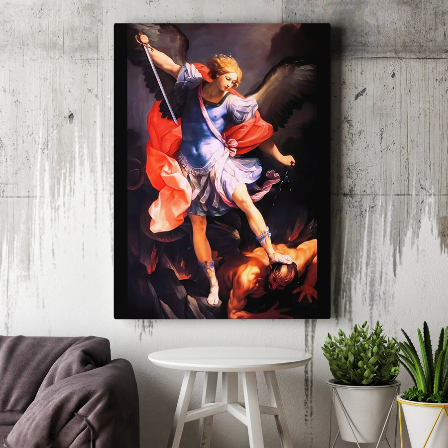 Saint Michael The Archangel Canvas | Religious Art Decor | 1.25 Inch Gallery Wrap | Archangel Michael Fighting Satan Wall Art for Home Office