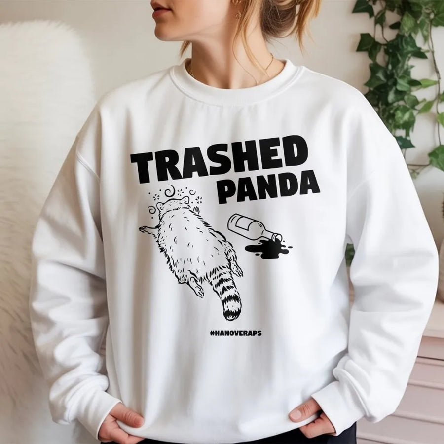 Trashed Panda Sweatshirt | Funny Drunk Raccoon Graphic Design | Premium Cotton Blend Unisex Crewneck | Hilarious Party Gift for Men and Women