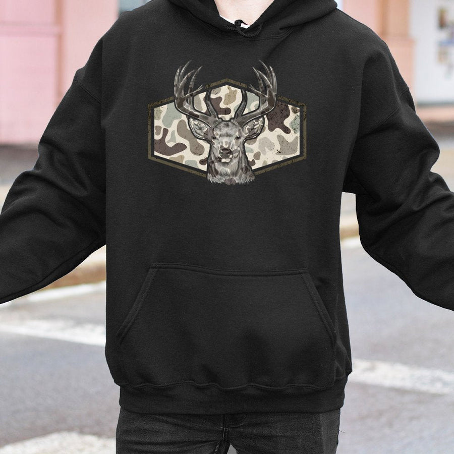 Deer Hunting Hoodie | Vintage Camo Stag Head Graphic | Premium Cotton Blend | Gift for Hunter, Dad, Outdoorsman
