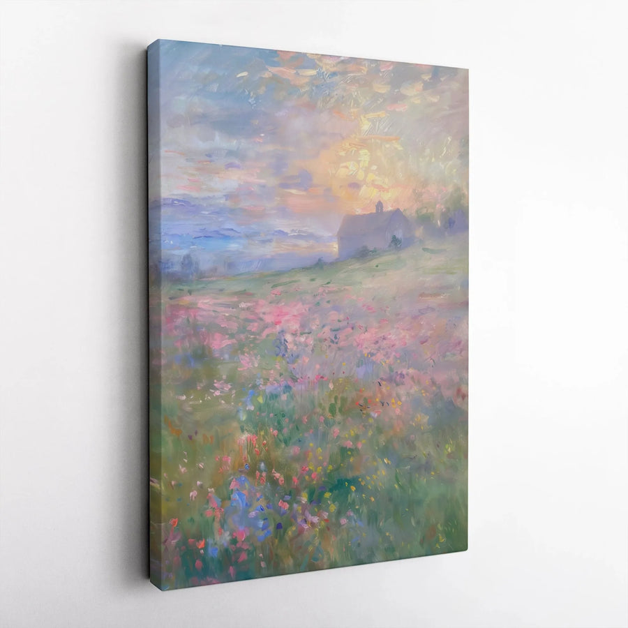 Impressionist Wildflower Field Canvas Wall Art | Sunrise Landscape Painting | Premium Gallery Wrap 1.25" Profile | Home Office Decor Gift