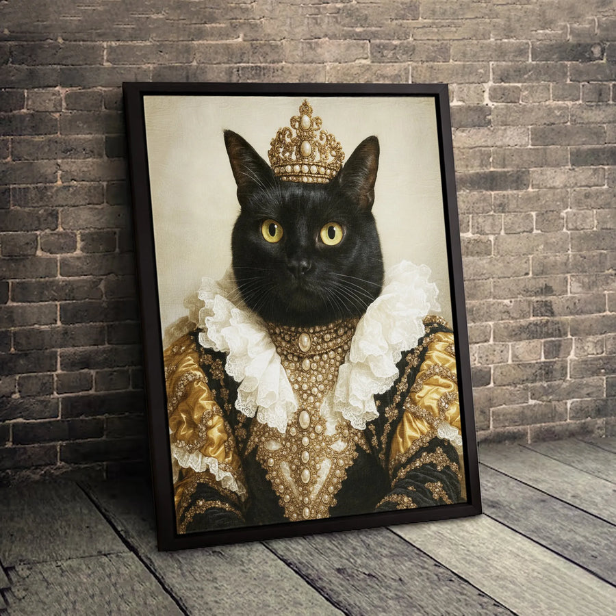 Royal Queen Black Cat Canvas Wall Art | Regal Renaissance Pet Portrait | Premium Gallery Wrap Print | Unique Gift for Cat Lovers & Decor