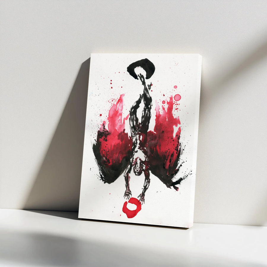 Fallen Angel Canvas Wall Art | Red Ink Wash Abstract Print | Premium Gallery Wrapped Decor | Dark Fantasy Gothic Home Office Gift
