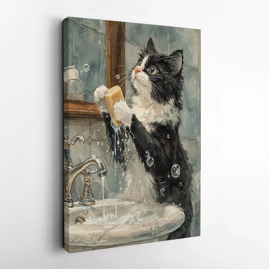 Watercolor Cat Wall Art | Black and White Kitty Washing Paws Print | Premium 1.25" Gallery Wrap Canvas | Whimsical Bathroom Decor for Cat Lovers
