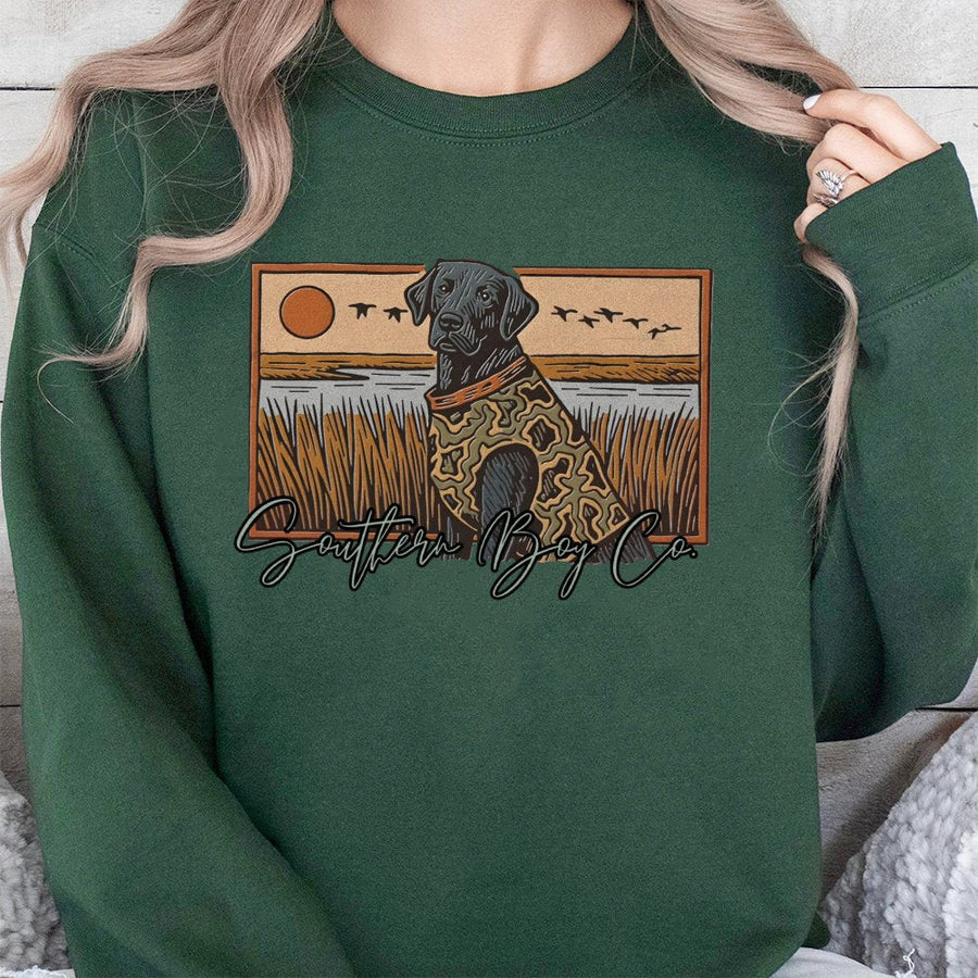 Black Labrador Sweatshirt | Hunting Dog Marsh Scene Graphic | Premium Cotton Blend | Country Style Gift for Men and Women