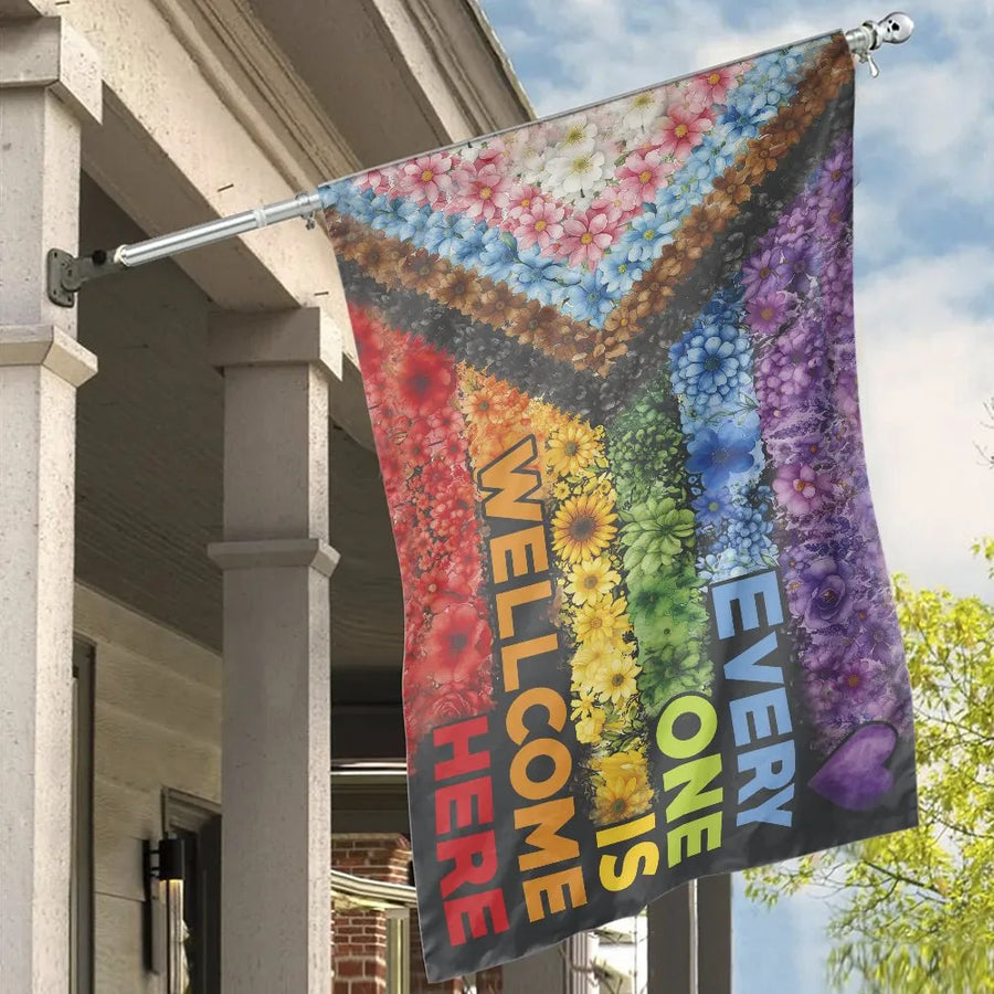 Progress Pride Flag with Flowers | Everyone is Welcome Here Banner | Double-Sided Polyester Yard Decor | Inclusive LGBTQ Ally Gift