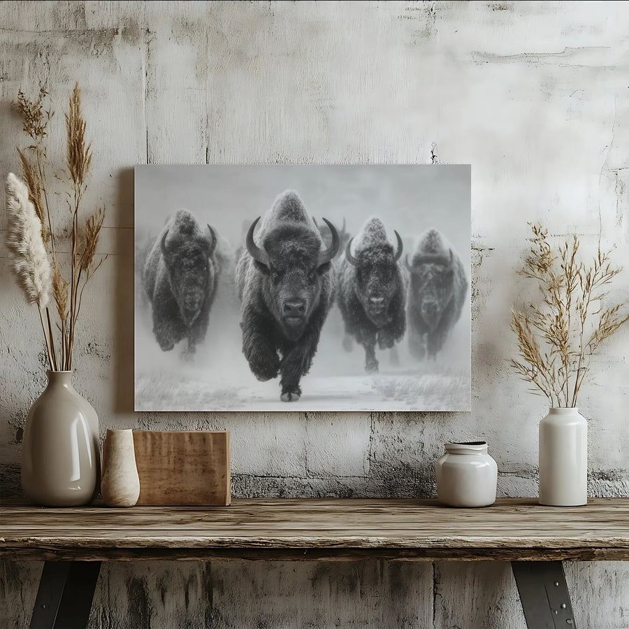 American Bison Canvas Print | Charging Buffalo Herd in Snow | Premium Gallery Wrapped Wall Art | Wildlife Nature Decor for Office or Living Room