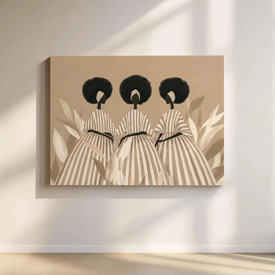 Black Women Canvas Wall Art | Minimalist Abstract Three Figures | Premium Thick Gallery Canvas | Boho Chic Home Decor Gift for Her