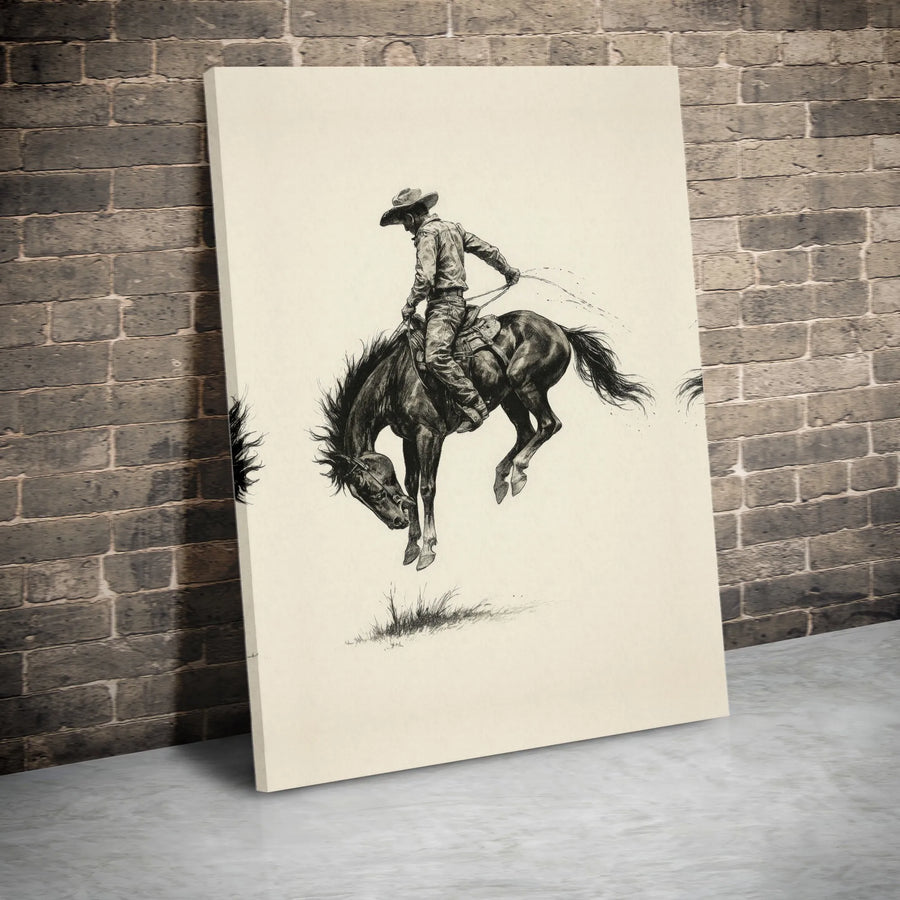Cowboy Riding Bucking Bronco Canvas Art | Western Rodeo Sketch Print | 1.25-Inch Gallery Wrap | Premium Wall Decor Gift for Men