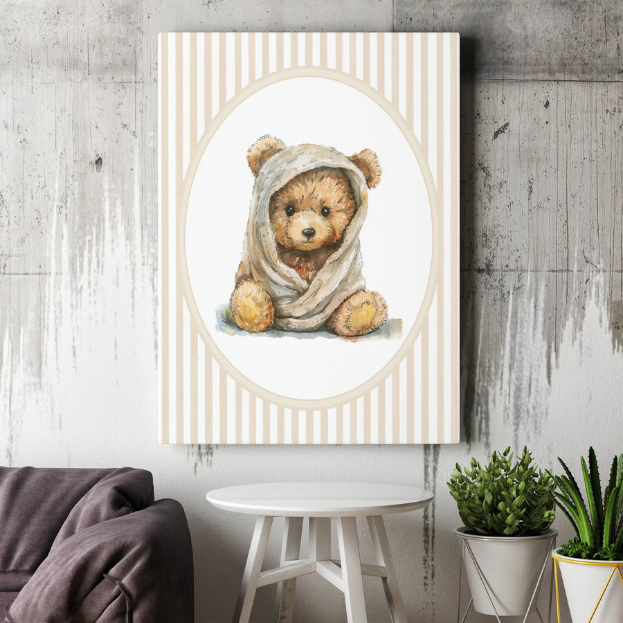 Cute Teddy Bear Canvas Wall Art | Watercolor Animal Portrait with Stripes | Premium Gallery Wrapped Canvas | Nursery Decor Baby Shower Gift