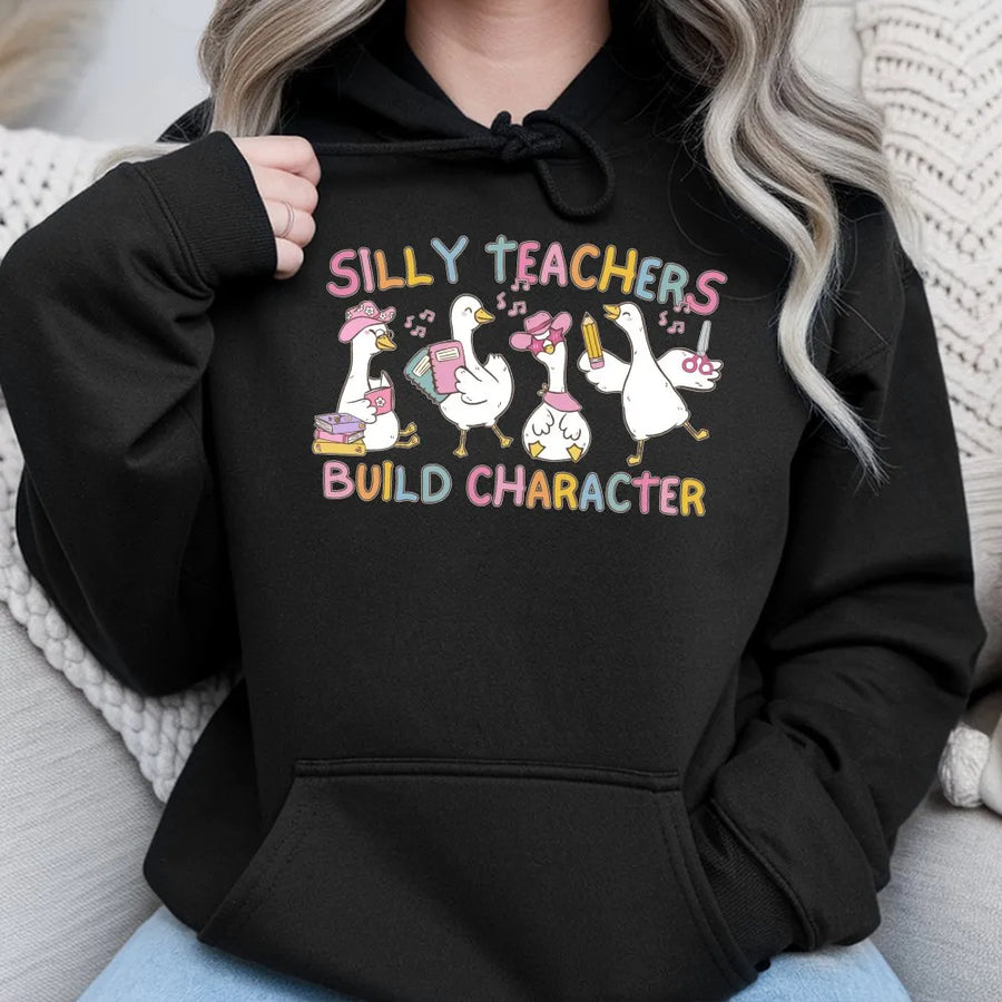 Silly Teacher Goose Hoodie | Funny Geese Build Character Graphic | Premium Cotton Blend | Back to School Teacher Appreciation Gift