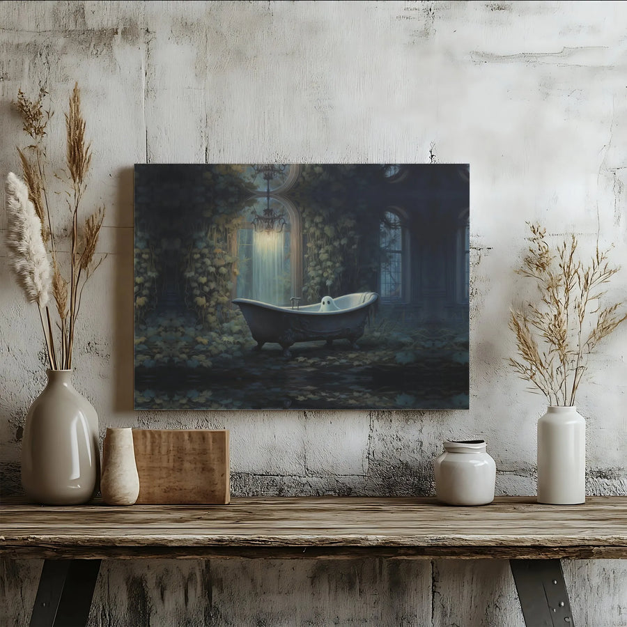 Ghost In Clawfoot Bathtub Canvas Art | Dark Academia Gothic Bathroom Decor | Gallery Quality Premium Wall Print | Spooky Victorian Home Gift