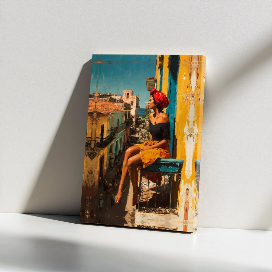 Cuban Woman Wall Art | Colorful Havana Balcony Scene Canvas Print | Premium Gallery Quality Art | Collector's Gift for Living Room Decor