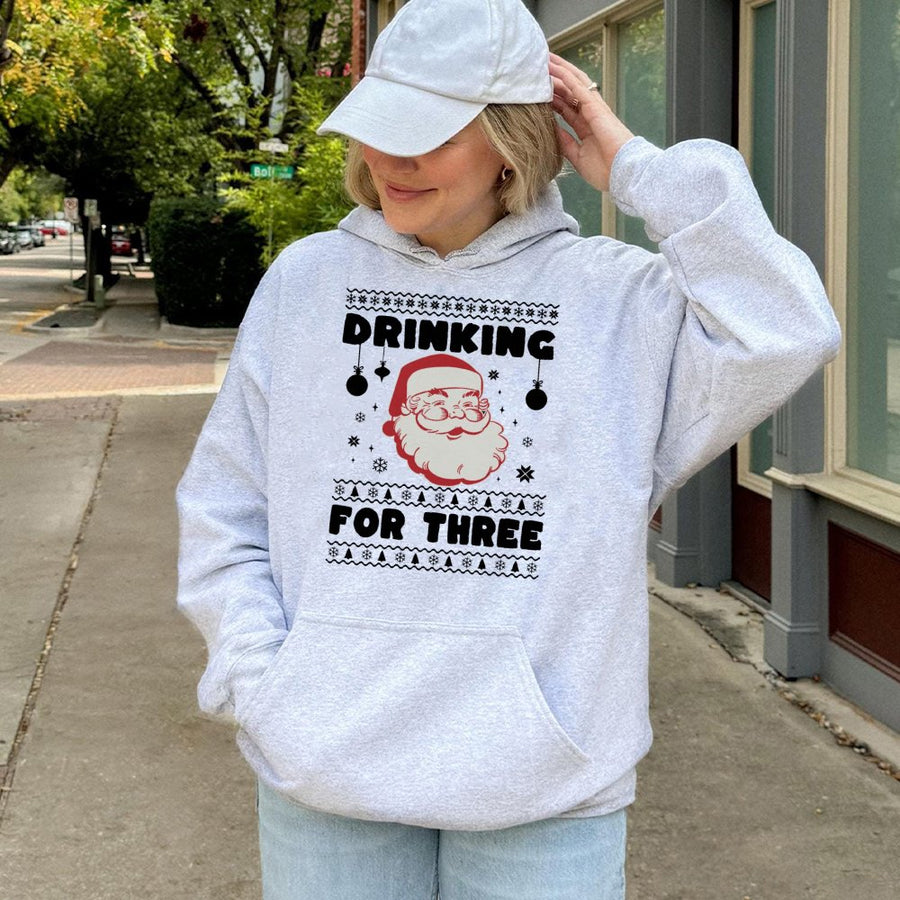 Drinking For Three Pregnancy Announcement Hoodie | Funny Santa Christmas Graphic | Premium Cotton Blend | Holiday Gift For Expectant Mom