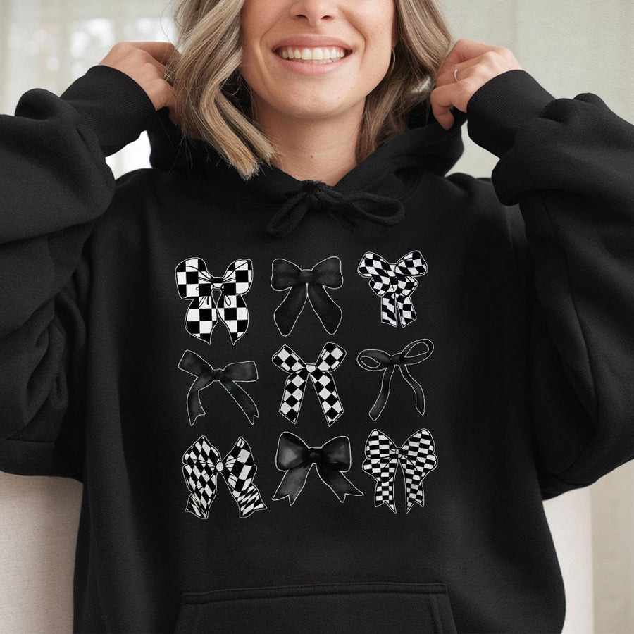 Checkered Bow Hoodie | Trendy Coquette Aesthetic Graphic | Soft Cotton-Blend Premium Quality | Cute Streetwear Gift for Her