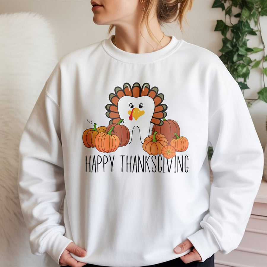 Happy Thanksgiving Tooth Sweatshirt | Cute Turkey Pumpkin Graphic | Premium Cotton Blend | Gift for Dentist or Dental Hygienist