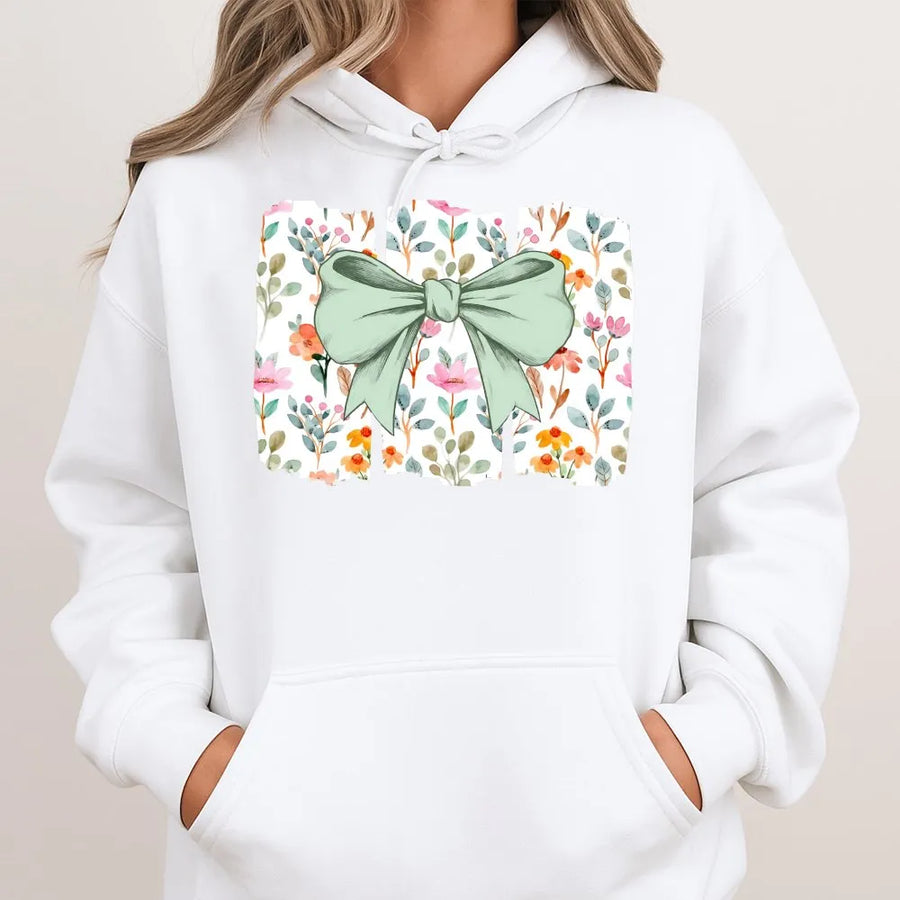 Coquette Bow Hoodie | Floral Wildflower Botanical Print | Soft Cotton-Polyester Blend | Trendy Aesthetic Gift For Her