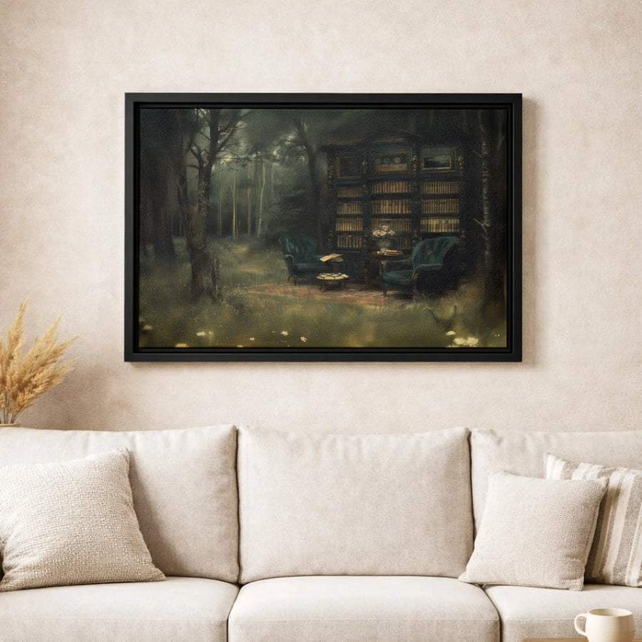 Surreal Forest Library Canvas Print | Moody Dark Academia Wall Art | Premium Gallery-Wrapped Gallery Quality | Unique Gift for Book Lovers