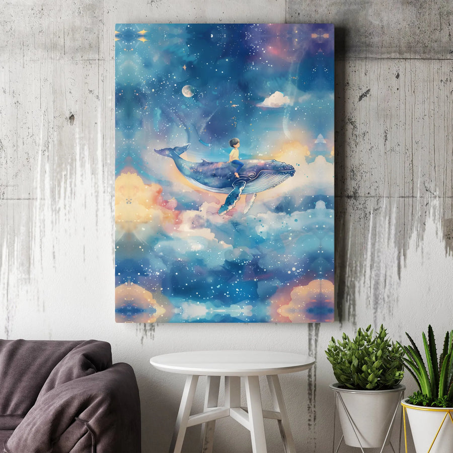Whale Flying In Galaxy Canvas | Dreamy Fantasy Space Wall Art | Gallery Quality Premium Print | Whimsical Nursery & Bedroom Decor