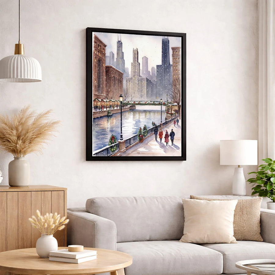 Chicago Riverwalk Winter Canvas Print | Snowy Cityscape Holiday Wall Art | Premium Gallery-Wrapped Decor | Gift for Chicago Lovers