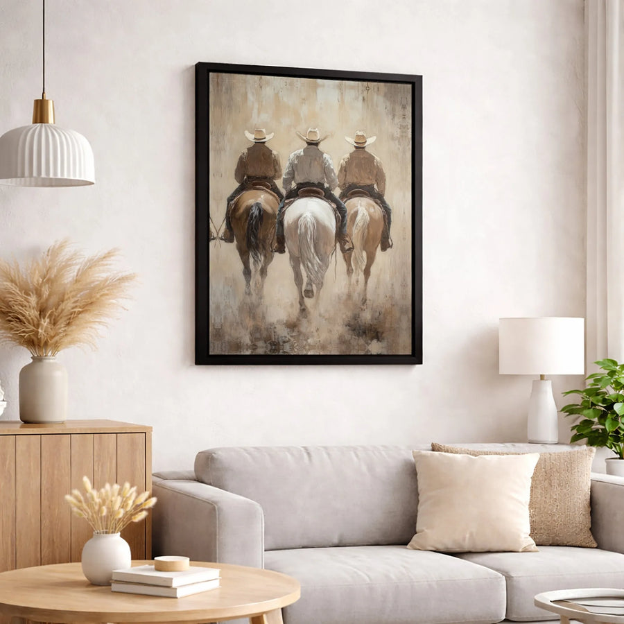 Western Cowboy Wall Art | Three Horseback Riders Painting Print | Premium 1.25 Inch Gallery Canvas | Rustic Home Office Decor Gift