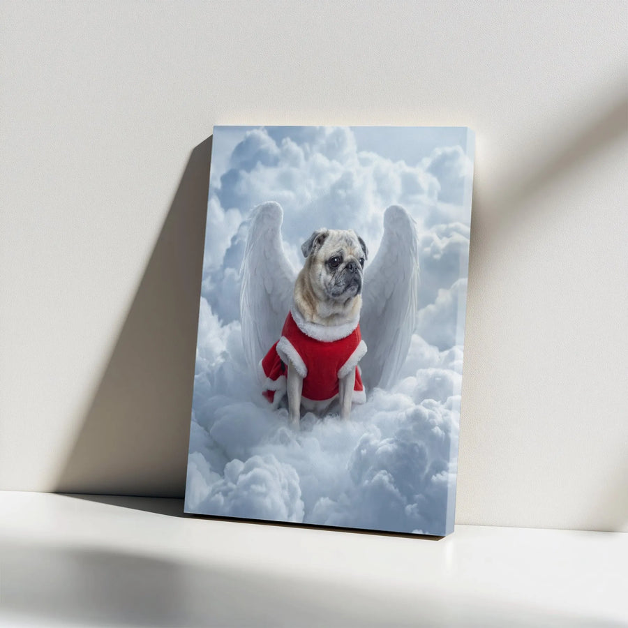 Angel Pug Christmas Canvas Wall Art | Heavenly Dog with Wings on Clouds Print | Premium Fade-Resistant Canvas | Unique Holiday Gift for Pug Lover