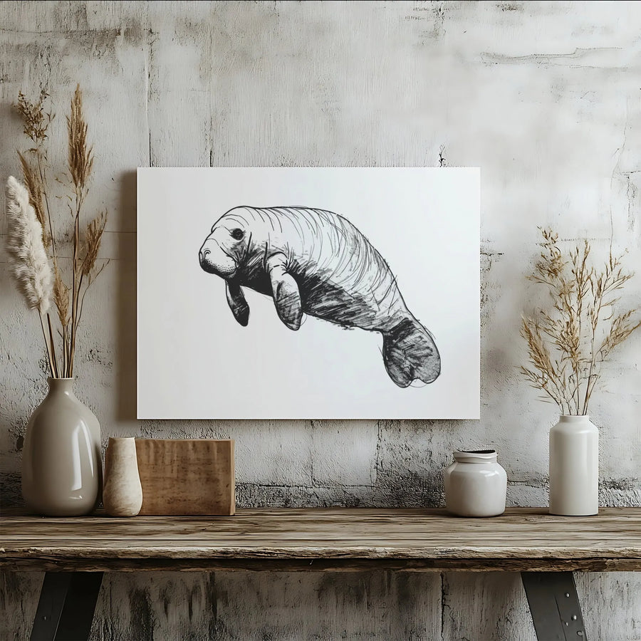 Manatee Wall Art Canvas | Black and White Sea Cow Sketch | Gallery Wrap 1.25 Inch Profile | Minimalist Marine Life Decor for Ocean Lovers