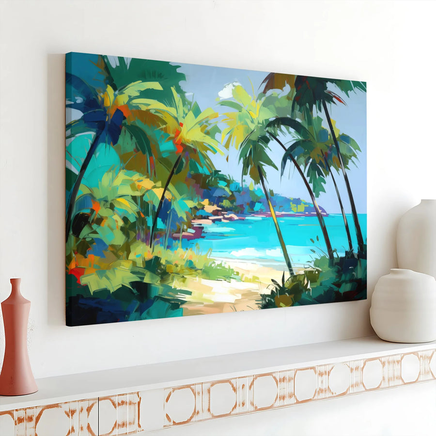 Tropical Beach Canvas Wall Art | Colorful Abstract Palm Tree Landscape | 1.25 Inch Gallery Wrap | Premium Coastal Decor for Home Office