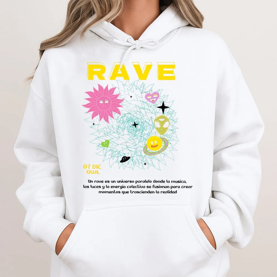 Rave Hoodie | Alien Smiley Face Graphic Print | Premium Cotton-Poly Blend | Streetwear EDM Music Festival Gift For Men And Women