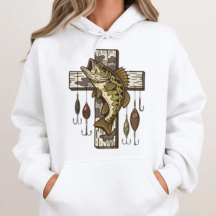 Fishing Cross Hoodie | Bass Fish Graphic with Lures | Premium Cotton Blend | Christian Fisherman Gift for Outdoorsmen