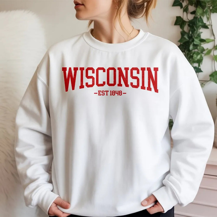 Wisconsin Sweatshirt | Retro Collegiate EST 1848 Graphic | Soft Cotton | State Pride Souvenir Gift for Men and Women