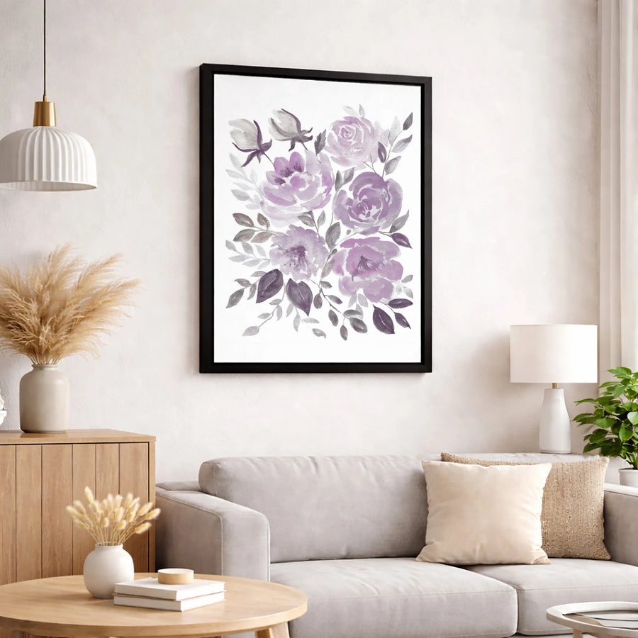 Watercolor Floral Wall Art | Purple and Grey Flower Bouquet Print | 1.25 Inch Gallery Canvas | Premium Home Decor for Bedroom or Living Room