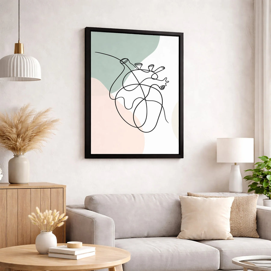 Anatomical Heart Wall Art | Minimalist One Line Drawing | Premium Fade-Resistant Canvas | Modern Sage and Blush Home Decor Gift