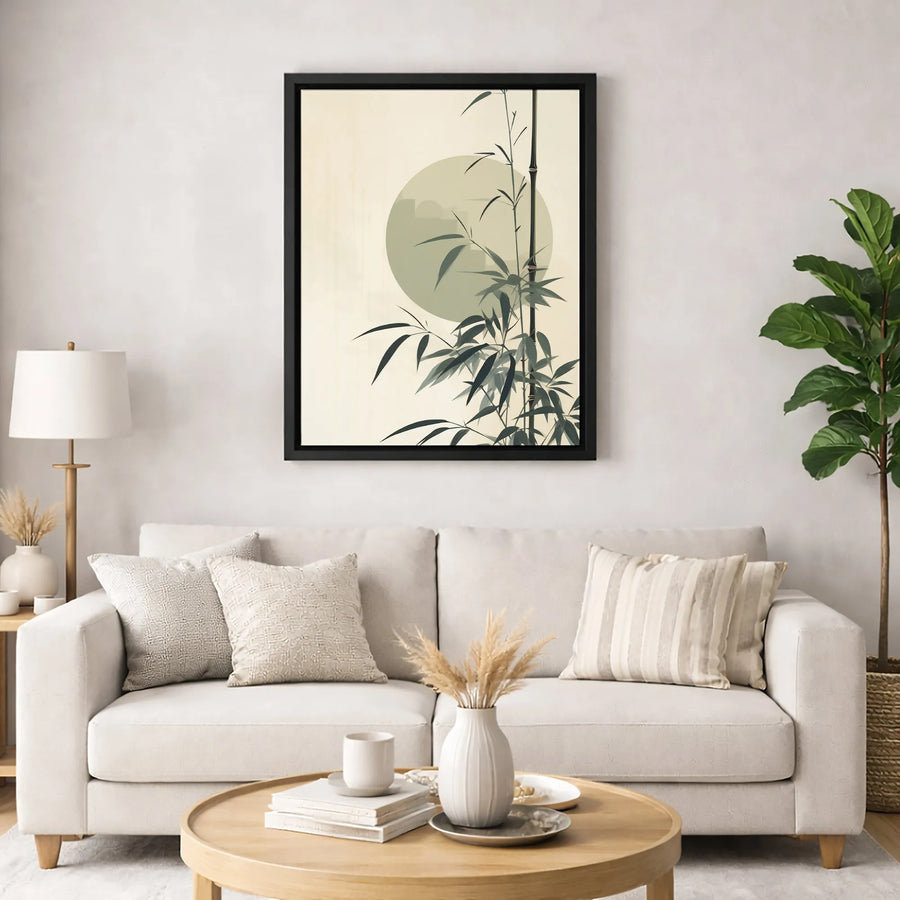 Japanese Bamboo Canvas Wall Art | Minimalist Ink Wash Sun Print | 1.25-Inch Gallery Wrap | Zen Home Decor for Living Room Bedroom