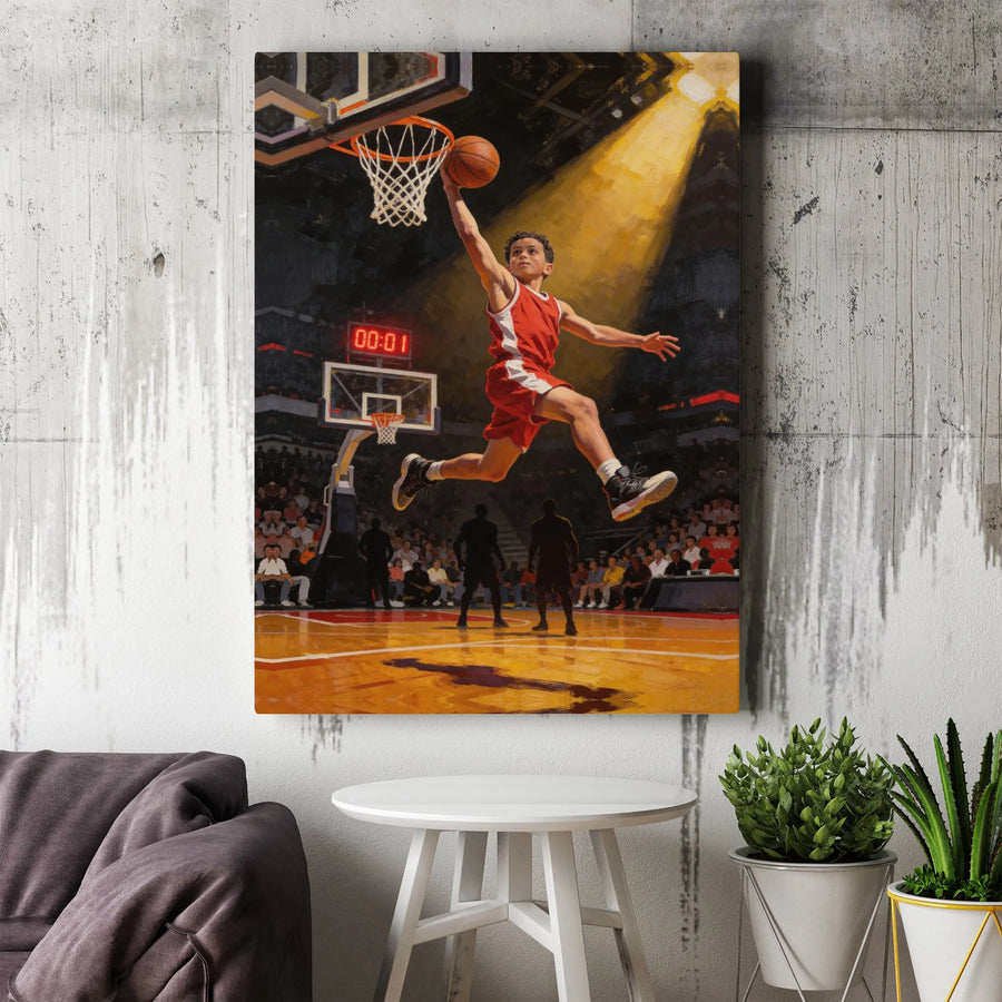 Basketball Player Canvas Wall Art | Buzzer Beater Slam Dunk Painting | Premium Gallery Wrap Canvas | Gift for Athlete & Boys Room Decor