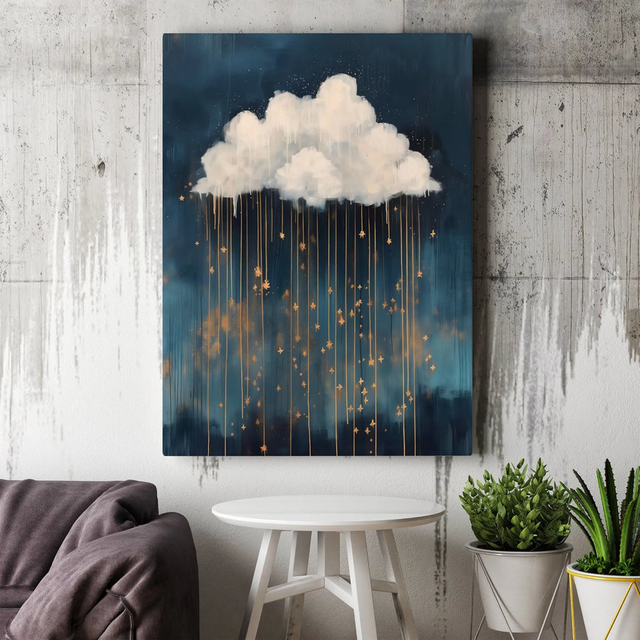 Abstract Raining Stars Canvas Wall Art | Whimsical Cloud with Gold Starry Rain | Premium Gallery Wrapped Canvas | Modern Living Room Decor Gift