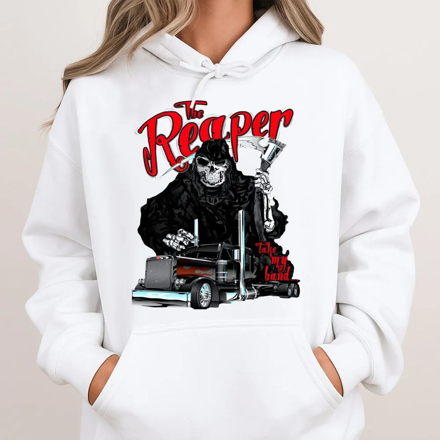 The Reaper Trucker Hoodie | Grim Reaper Semi Truck Graphic | Premium Cotton Blend Pullover | Biker Truck Driver Gift for Men