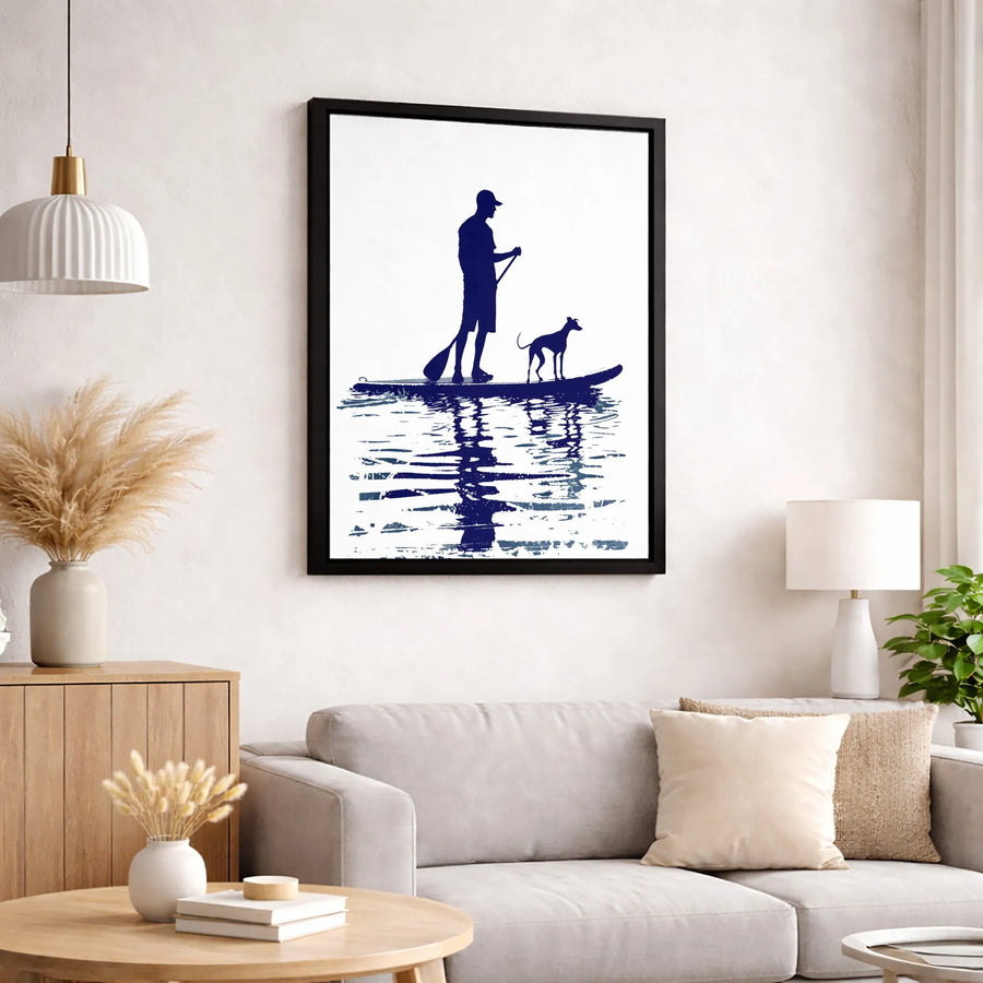 Stand Up Paddleboarding Wall Art | Man and Dog Silhouette Print | Premium Gallery Wrapped Canvas | Water Sports Home Decor Gift