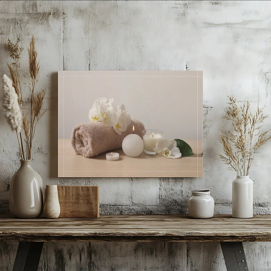 Zen Spa Canvas Wall Art | White Orchid Flowers & Candles Print | Premium Gallery Wrapped Canvas | Calming Bathroom & Salon Decor Gift