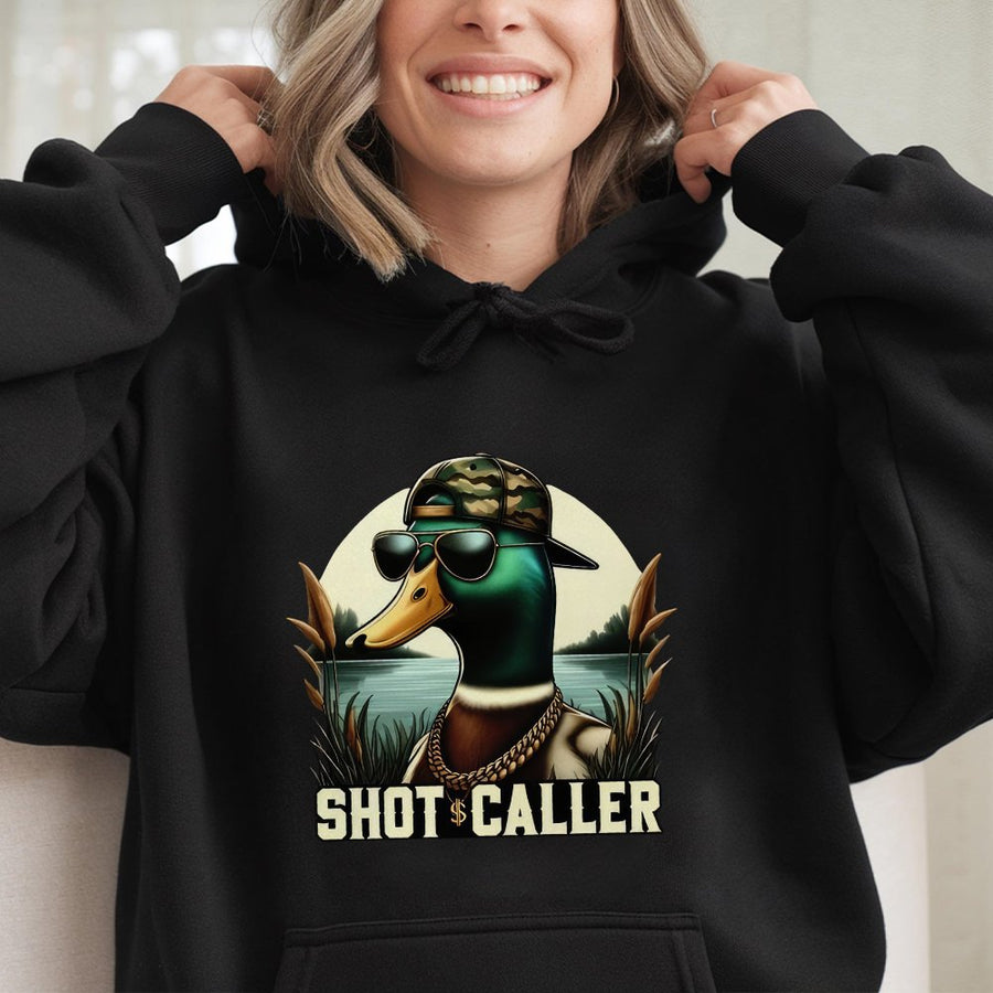 Shot Caller Duck Hoodie | Funny Mallard Hunting Gift | Premium Cotton-Blend Sweatshirt | Wildlife Lover Apparel