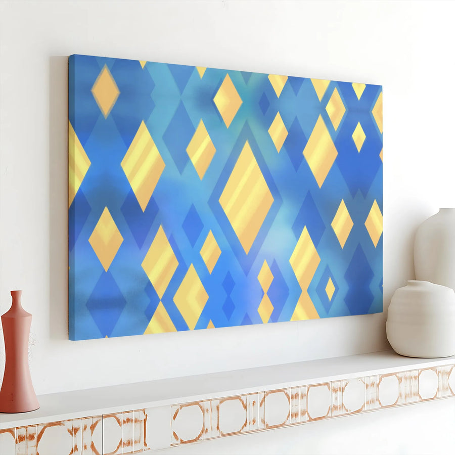 Abstract Geometric Canvas Wall Art | Modern Blue and Gold Diamond Pattern | Premium Fade-Resistant Print | Modern Office & Home Decor Gift