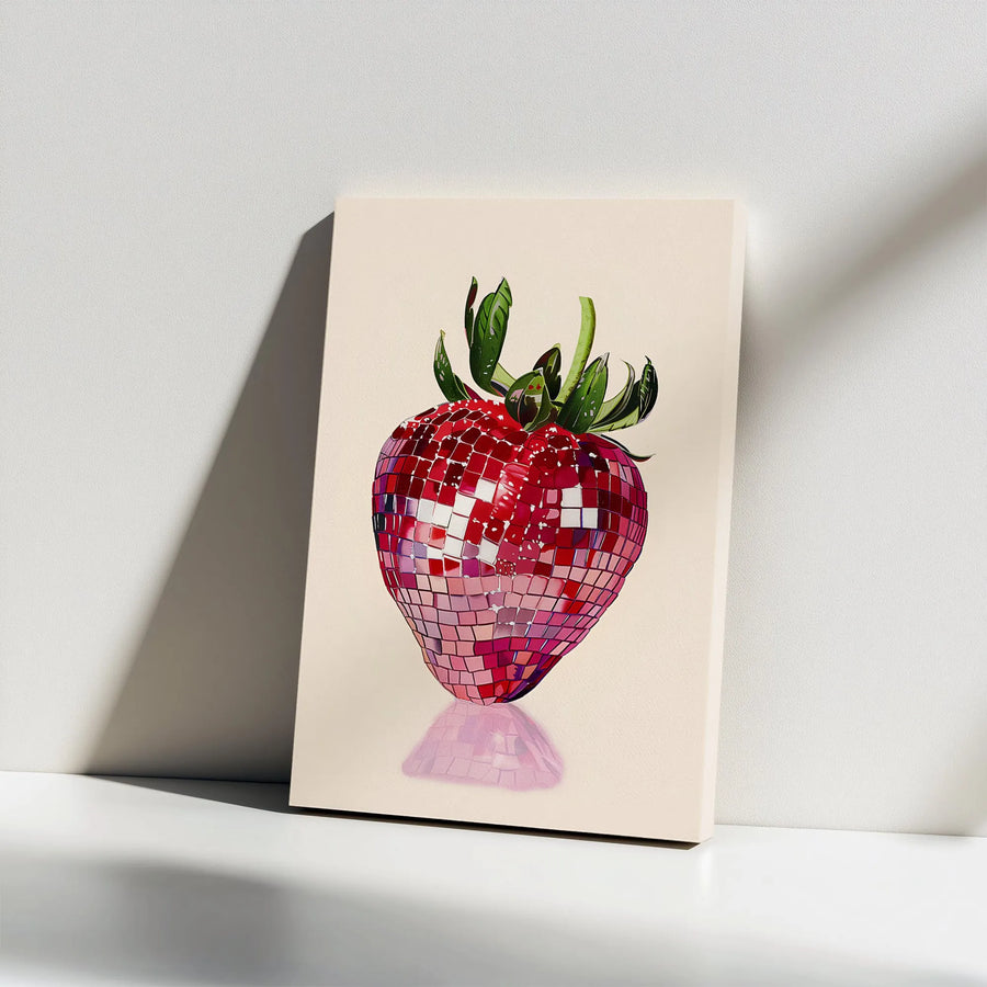 Strawberry Disco Ball Vertical Canvas | Funky Pop Art Print | Premium Thick Gallery Canvas | Unique Kitchen & Bar Wall Decor Gift