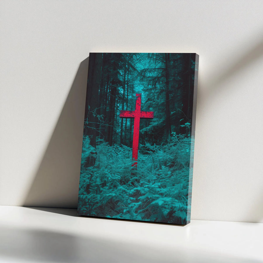 Christian Cross Wall Art Canvas | Moody Dark Forest Scene with Red Cross | Premium Gallery Wrapped Print | Modern Spiritual Home Decor Gift